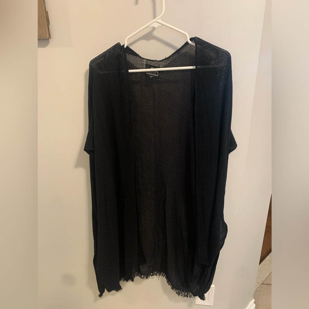 Angie Black Mesh Fringe Open Cardigan Kimono One Size Beach Cover Up - Picture 7 of 8